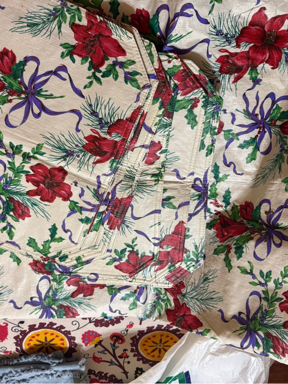 Festive Red Poinsettia Tablecloth w/ Green & Purple Accents vinyl w/8 placemats